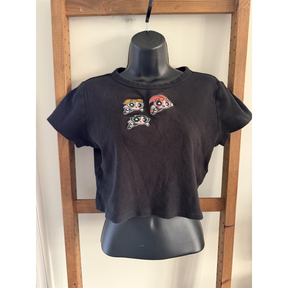 Cartoon Network Powerpuff Girls Tshirt Womens Large Black Cropped Baby Tee Y2K